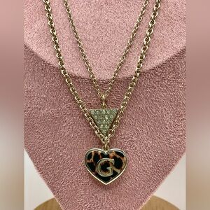 Guess Gold-Tone Double Layer Heart Pendant Necklace with leopard Print Accent